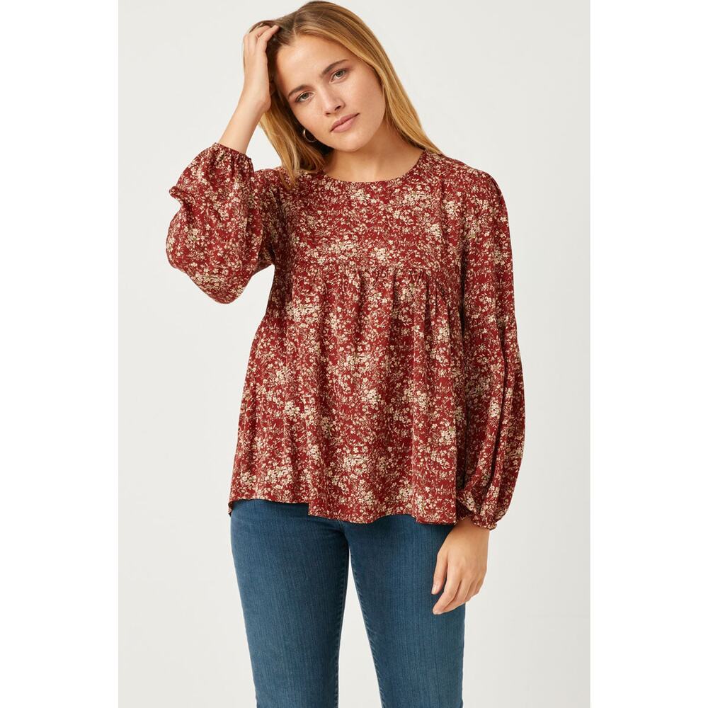 HAYDEN Kristie Misses Burgundy Floral Puff Sleeve Babydoll Top Small
